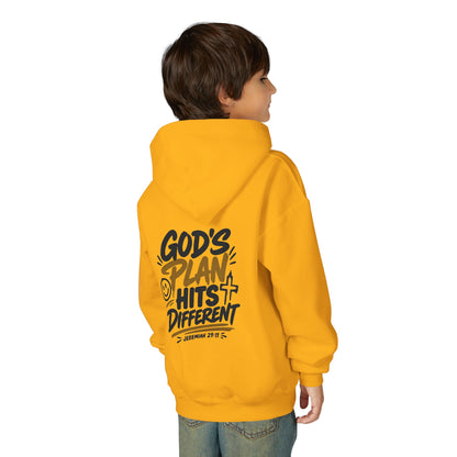 Youth Hoodie — “God’s Plan Hits Different” Inspirational Christian Pullover