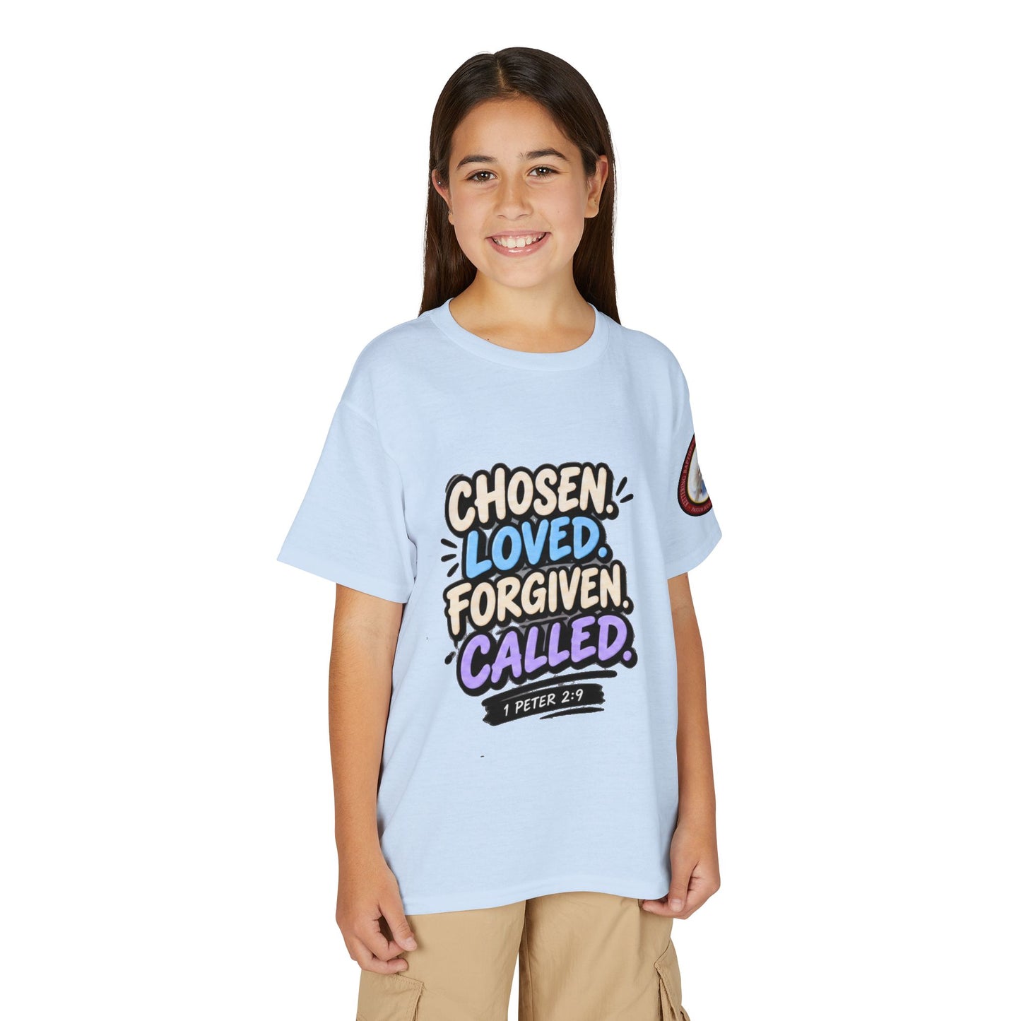 Chosen Loved Forgiven Called Youth T‑Shirt — 1 Peter 2:9 Inspirational Kids Tee