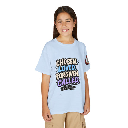 Chosen Loved Forgiven Called Youth T‑Shirt — 1 Peter 2:9 Inspirational Kids Tee