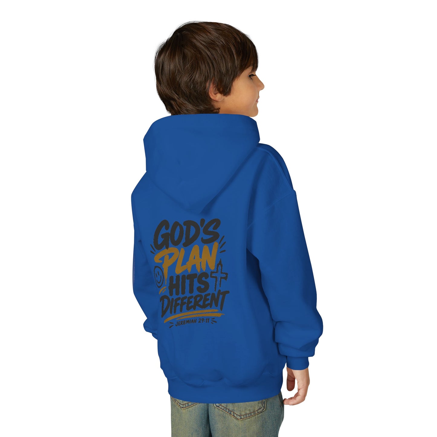 Youth Hoodie — “God’s Plan Hits Different” Inspirational Christian Pullover