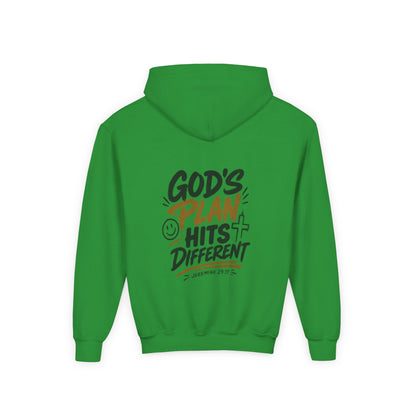 Youth Hoodie — “God’s Plan Hits Different” Inspirational Christian Pullover