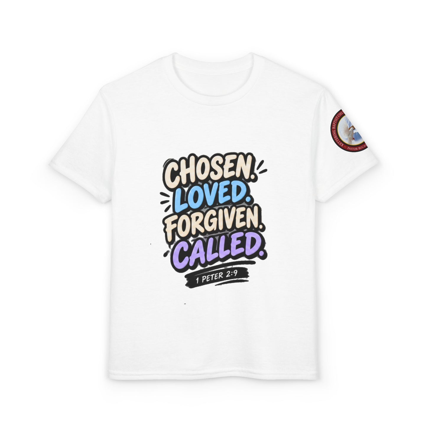 Chosen Loved Forgiven Called Youth T‑Shirt — 1 Peter 2:9 Inspirational Kids Tee