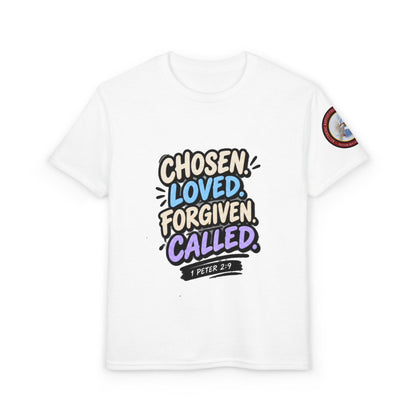 Chosen Loved Forgiven Called Youth T‑Shirt — 1 Peter 2:9 Inspirational Kids Tee