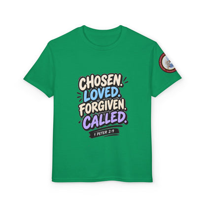 Chosen Loved Forgiven Called Youth T‑Shirt — 1 Peter 2:9 Inspirational Kids Tee