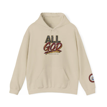 All God Hoodie — Christian Faith Graphic Pullover with Sleeve Emblem
