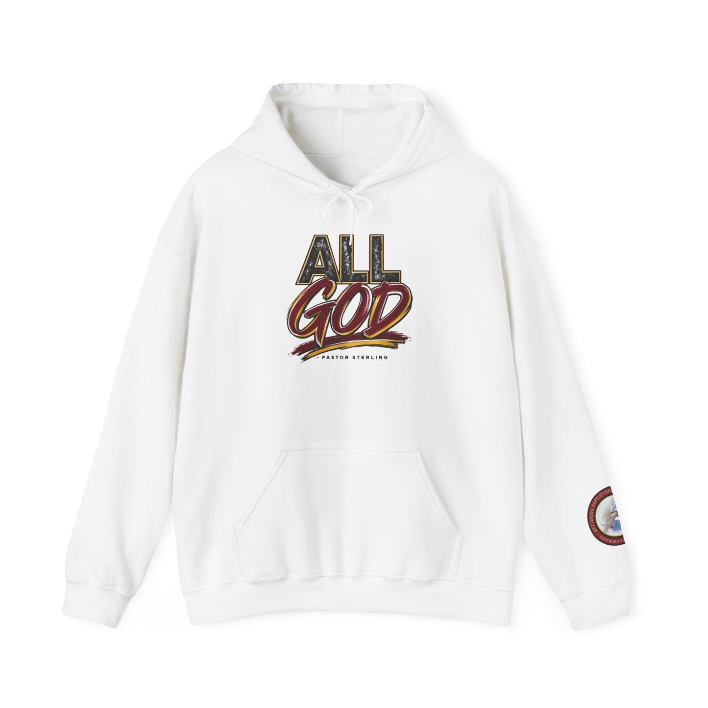 All God Hoodie — Christian Faith Graphic Pullover with Sleeve Emblem