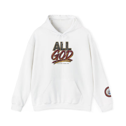 All God Hoodie — Christian Faith Graphic Pullover with Sleeve Emblem