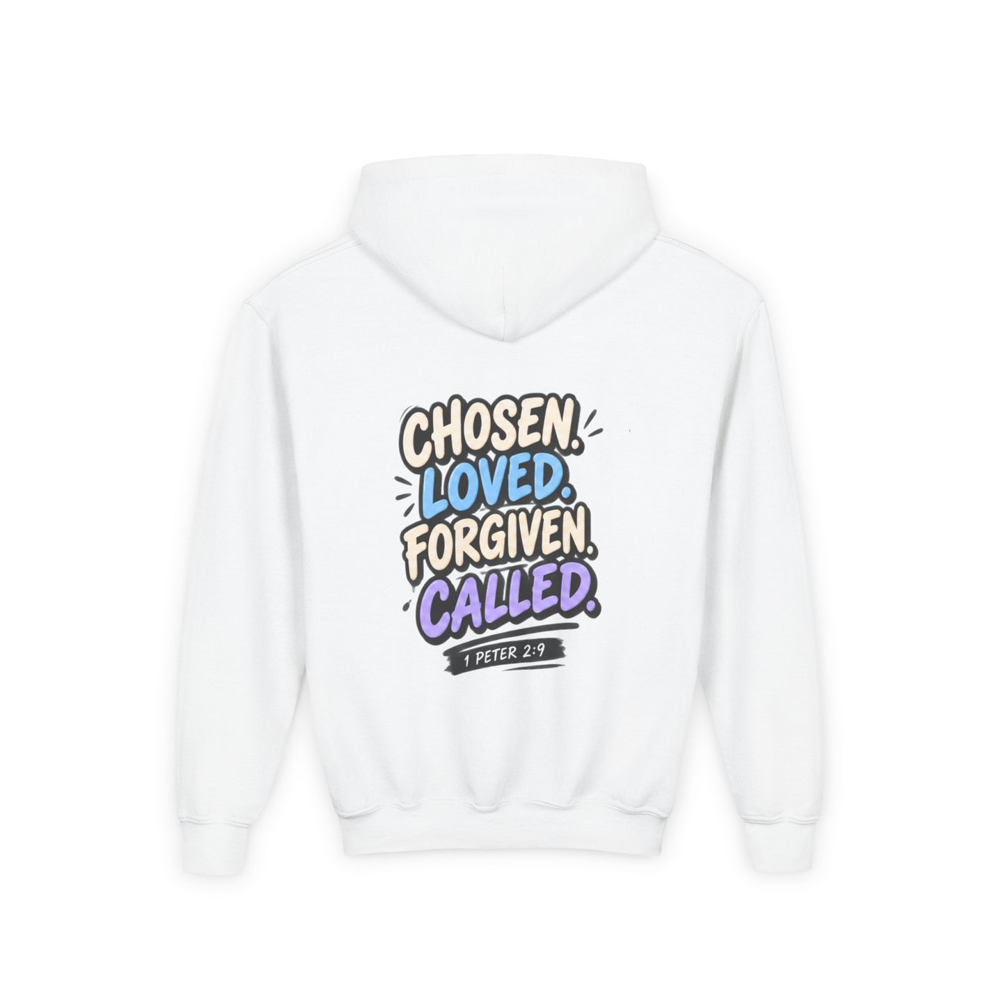 Youth Hoodie — "Chosen, Loved, Forgiven, Called" Christian Faith Pullover (Matthew 2:6)