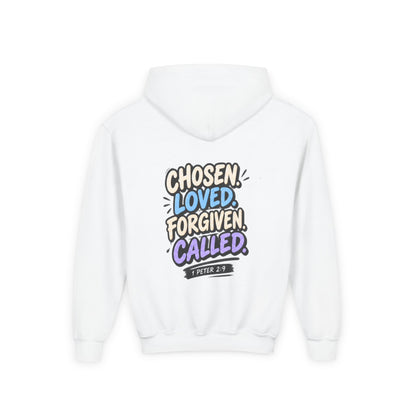 Youth Hoodie — "Chosen, Loved, Forgiven, Called" Christian Faith Pullover (Matthew 2:6)