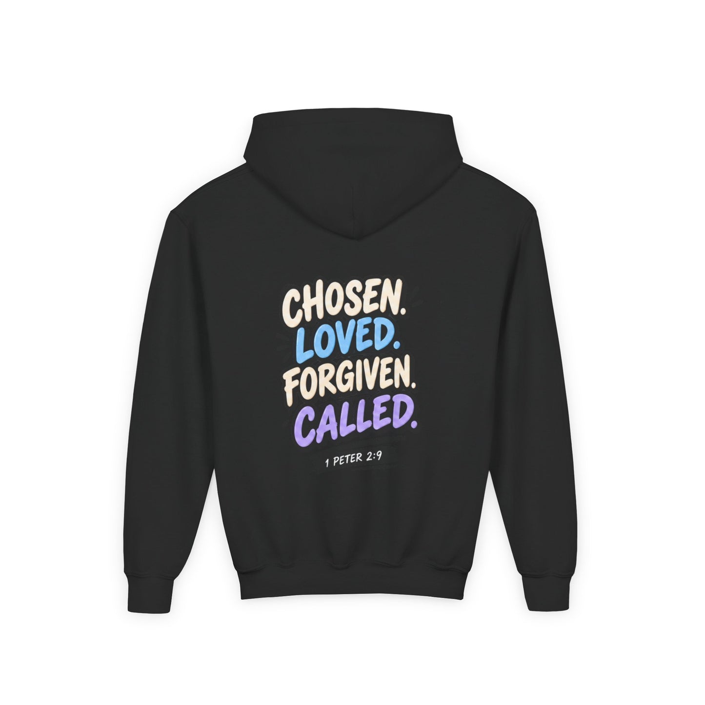 Youth Hoodie — "Chosen, Loved, Forgiven, Called" Christian Faith Pullover (Matthew 2:6)