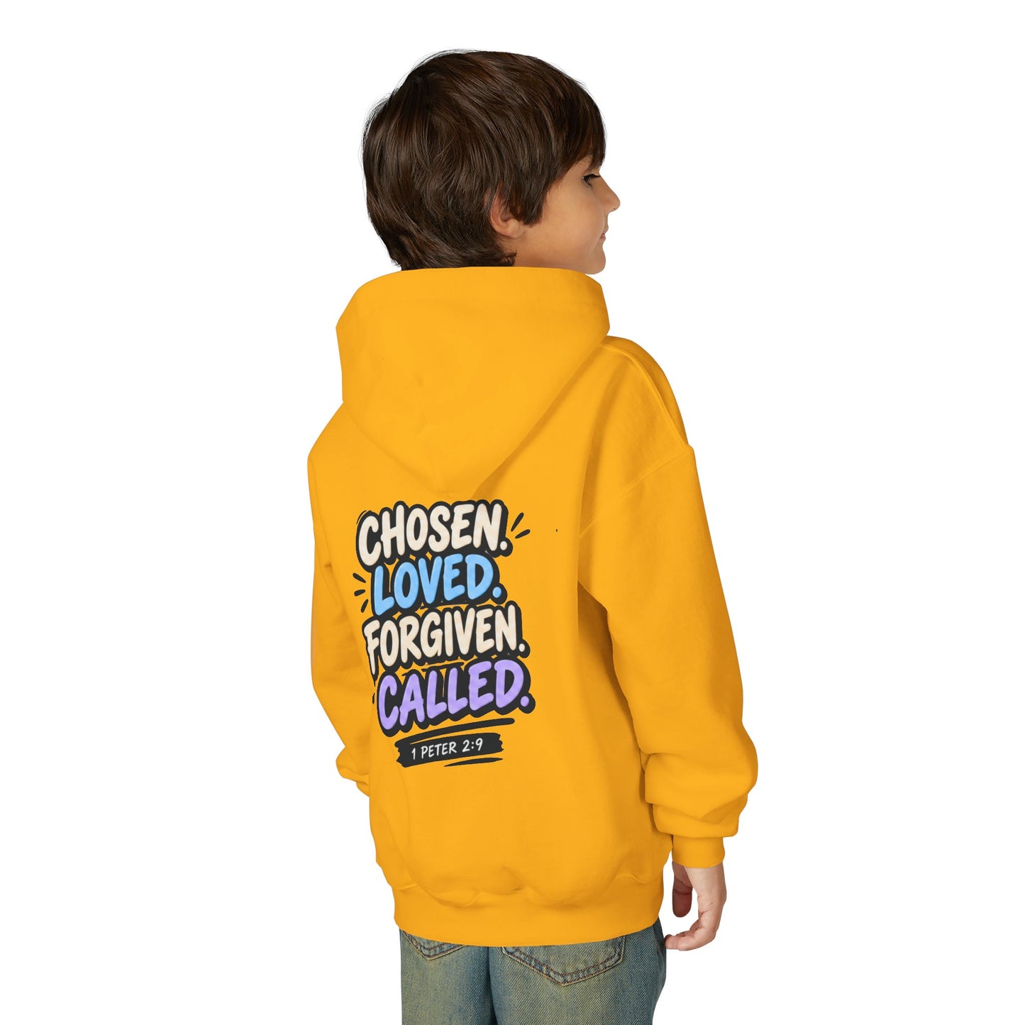 Youth Hoodie — "Chosen, Loved, Forgiven, Called" Christian Faith Pullover (Matthew 2:6)
