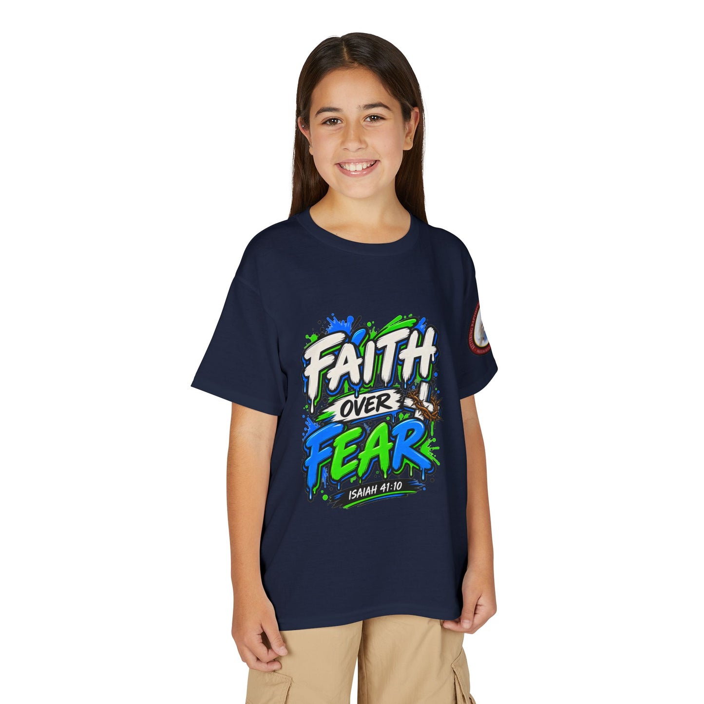 Faith Over Fear Youth T-Shirt — Christian Isaiah 41:10 Graphic Tee