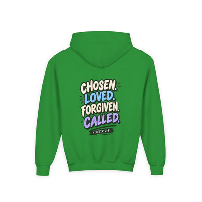Youth Hoodie — "Chosen, Loved, Forgiven, Called" Christian Faith Pullover (Matthew 2:6)