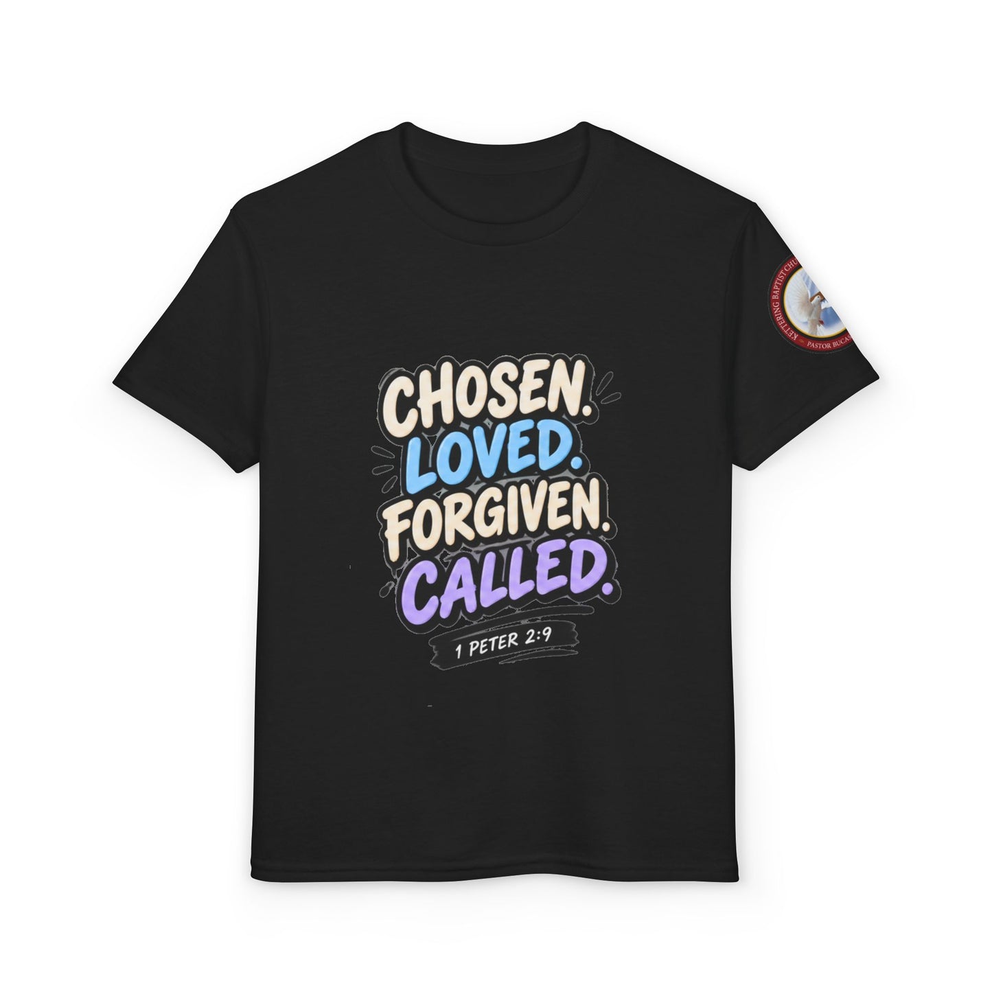 Chosen Loved Forgiven Called Youth T‑Shirt — 1 Peter 2:9 Inspirational Kids Tee