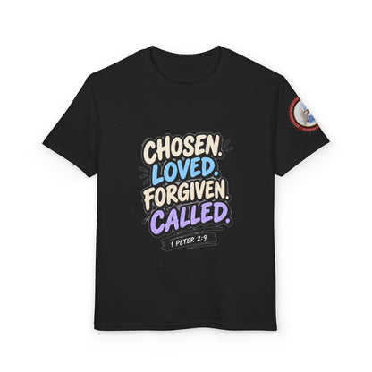 Chosen Loved Forgiven Called Youth T‑Shirt — 1 Peter 2:9 Inspirational Kids Tee