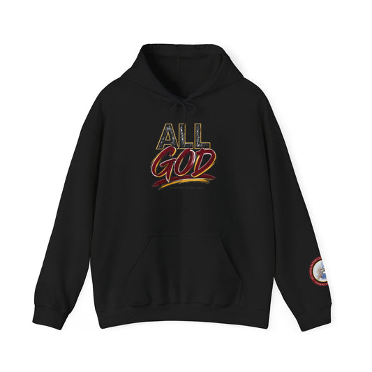 All God Hoodie — Christian Faith Graphic Pullover with Sleeve Emblem