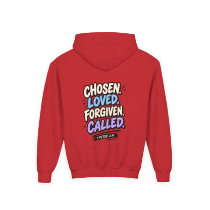 Youth Hoodie — "Chosen, Loved, Forgiven, Called" Christian Faith Pullover (Matthew 2:6)