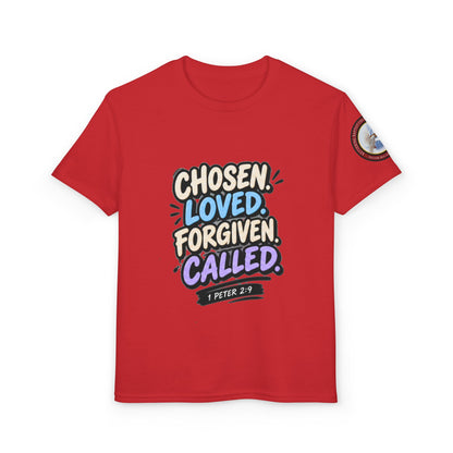 Chosen Loved Forgiven Called Youth T‑Shirt — 1 Peter 2:9 Inspirational Kids Tee