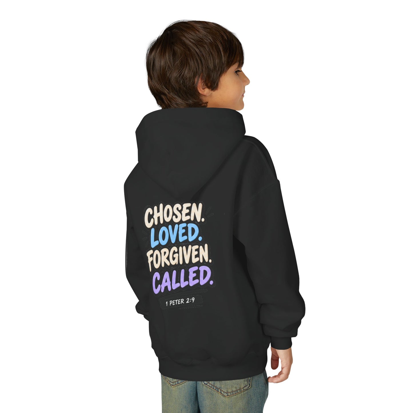 Youth Hoodie — "Chosen, Loved, Forgiven, Called" Christian Faith Pullover (Matthew 2:6)