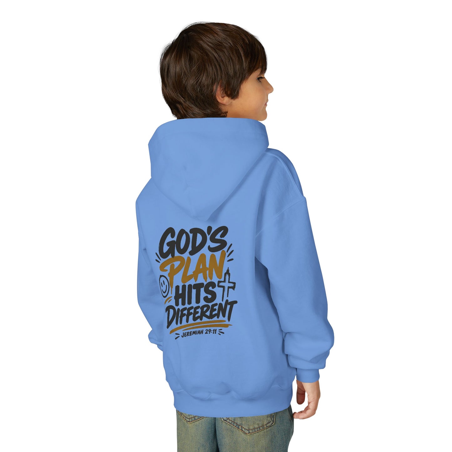 Youth Hoodie — “God’s Plan Hits Different” Inspirational Christian Pullover