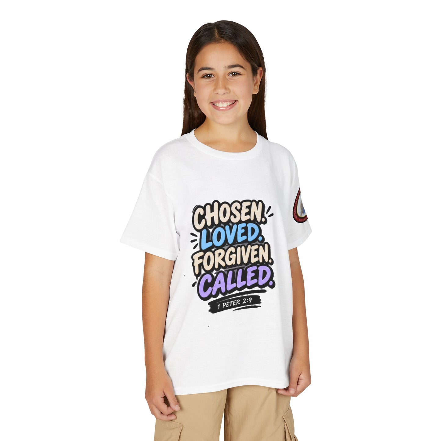 Chosen Loved Forgiven Called Youth T‑Shirt — 1 Peter 2:9 Inspirational Kids Tee