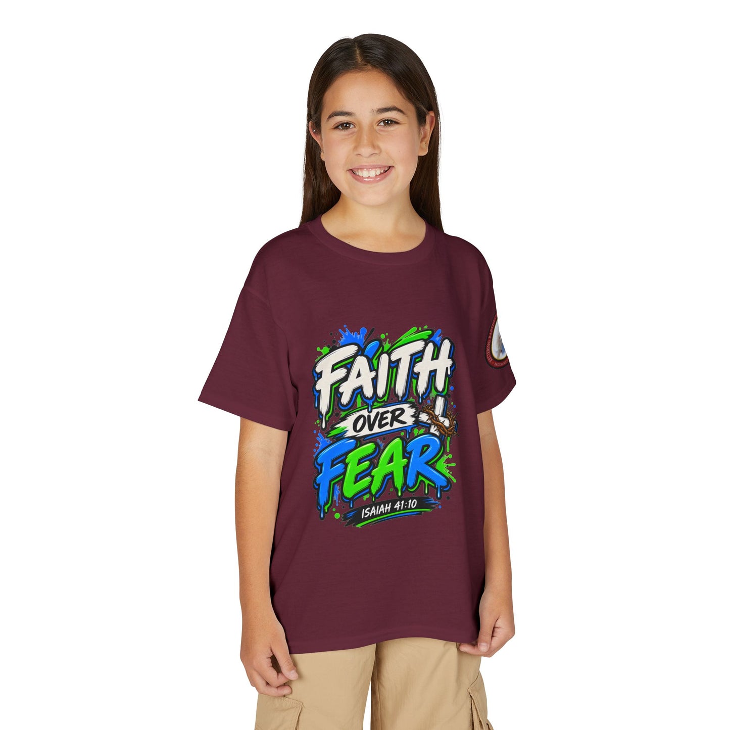 Faith Over Fear Youth T-Shirt — Christian Isaiah 41:10 Graphic Tee