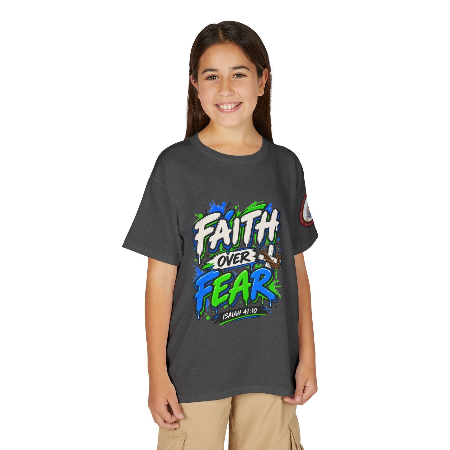 Faith Over Fear Youth T-Shirt — Christian Isaiah 41:10 Graphic Tee