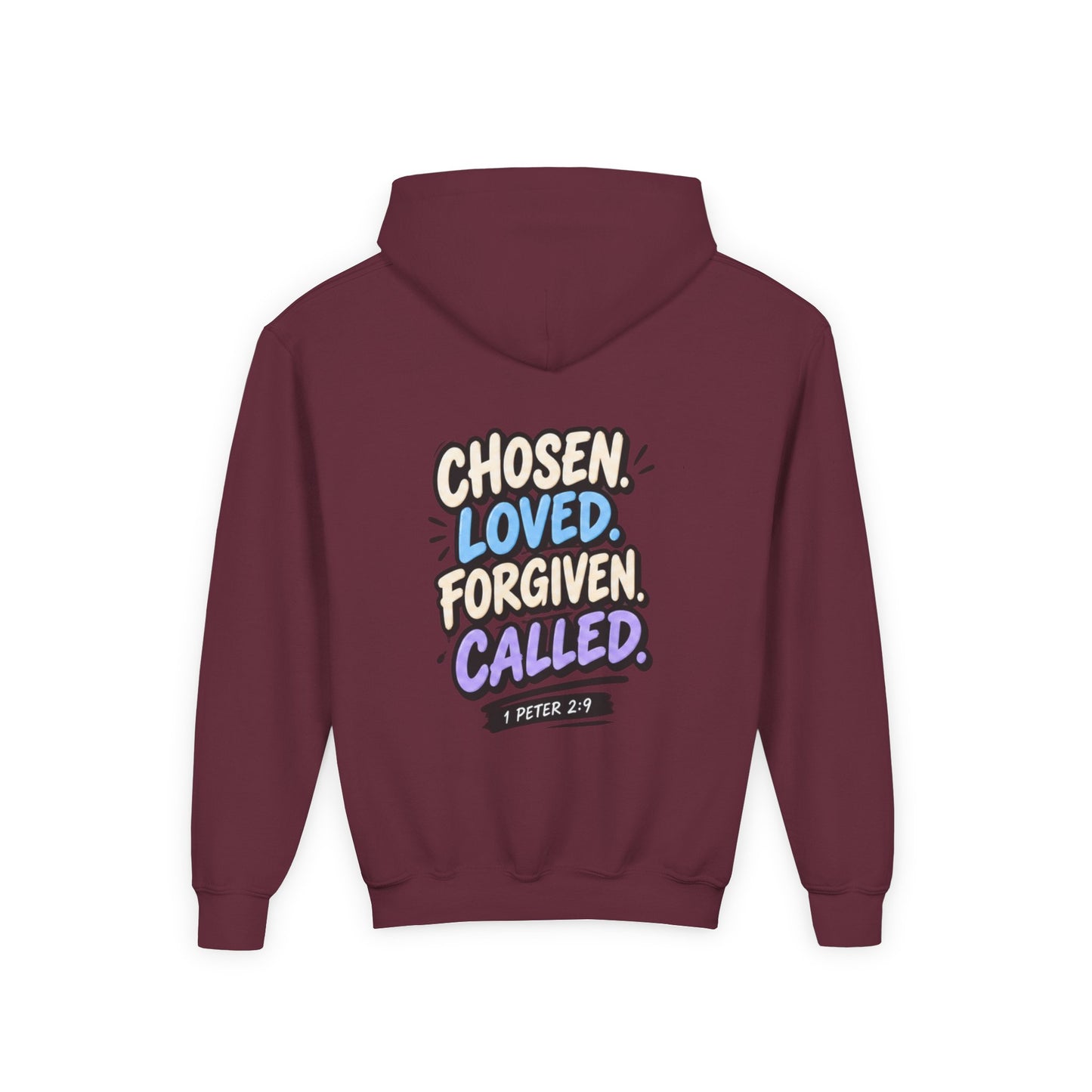 Youth Hoodie — "Chosen, Loved, Forgiven, Called" Christian Faith Pullover (Matthew 2:6)