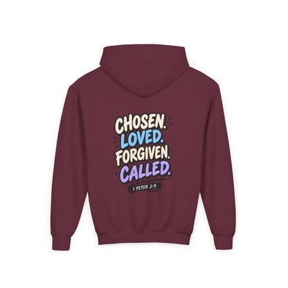 Youth Hoodie — "Chosen, Loved, Forgiven, Called" Christian Faith Pullover (Matthew 2:6)