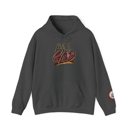 All God Hoodie — Christian Faith Graphic Pullover with Sleeve Emblem