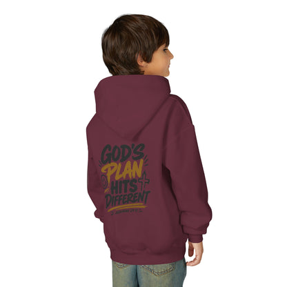Youth Hoodie — “God’s Plan Hits Different” Inspirational Christian Pullover