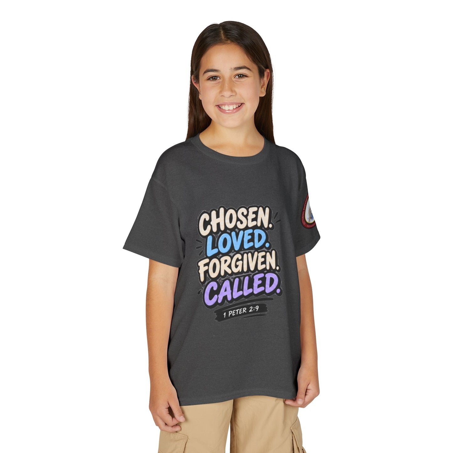 Chosen Loved Forgiven Called Youth T‑Shirt — 1 Peter 2:9 Inspirational Kids Tee