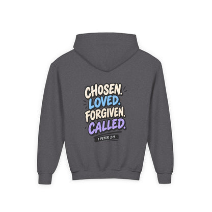 Youth Hoodie — "Chosen, Loved, Forgiven, Called" Christian Faith Pullover (Matthew 2:6)