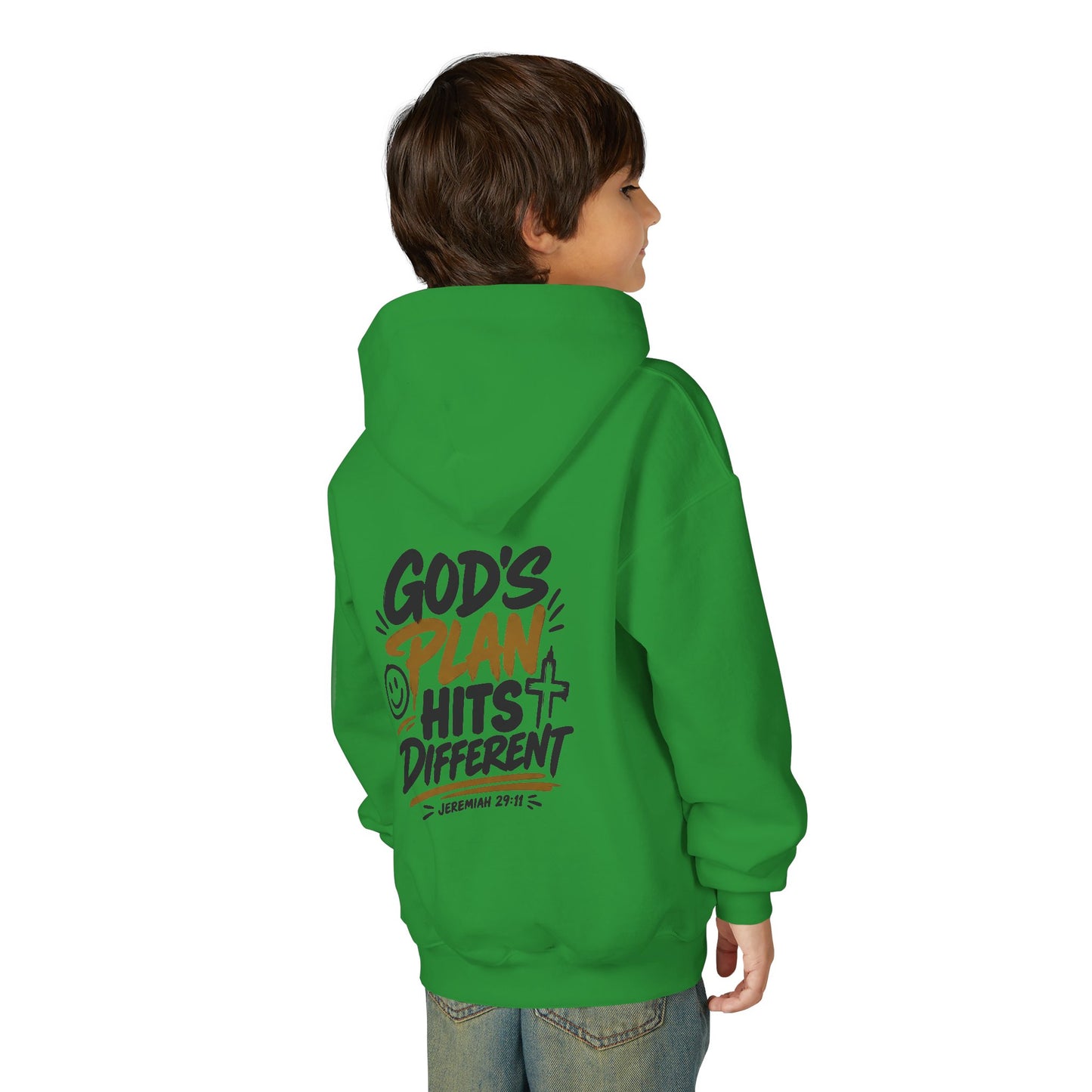 Youth Hoodie — “God’s Plan Hits Different” Inspirational Christian Pullover