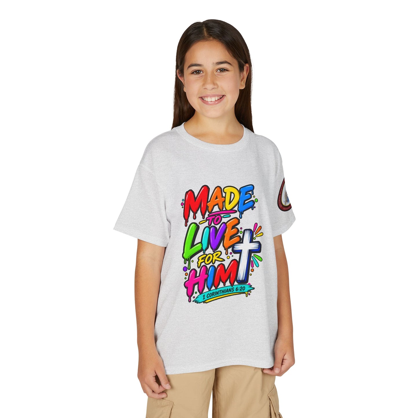 Youth T-Shirt — "Made to Live for Him" Colorful Christian Graphic