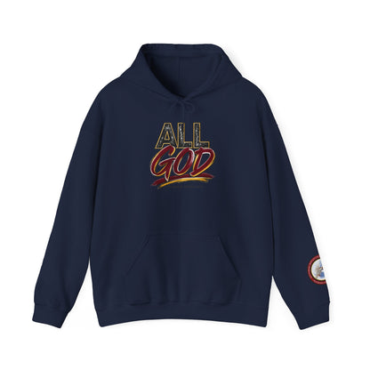 All God Hoodie — Christian Faith Graphic Pullover with Sleeve Emblem