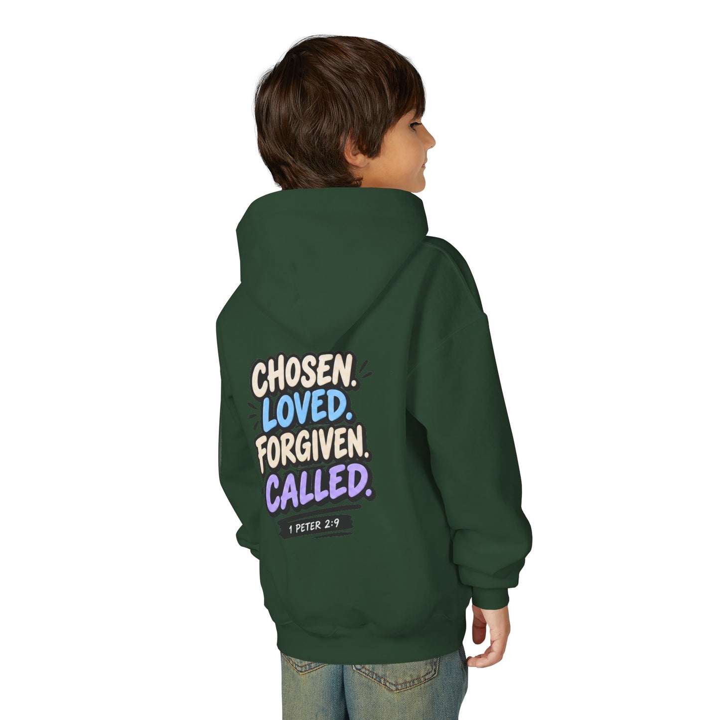 Youth Hoodie — "Chosen, Loved, Forgiven, Called" Christian Faith Pullover (Matthew 2:6)