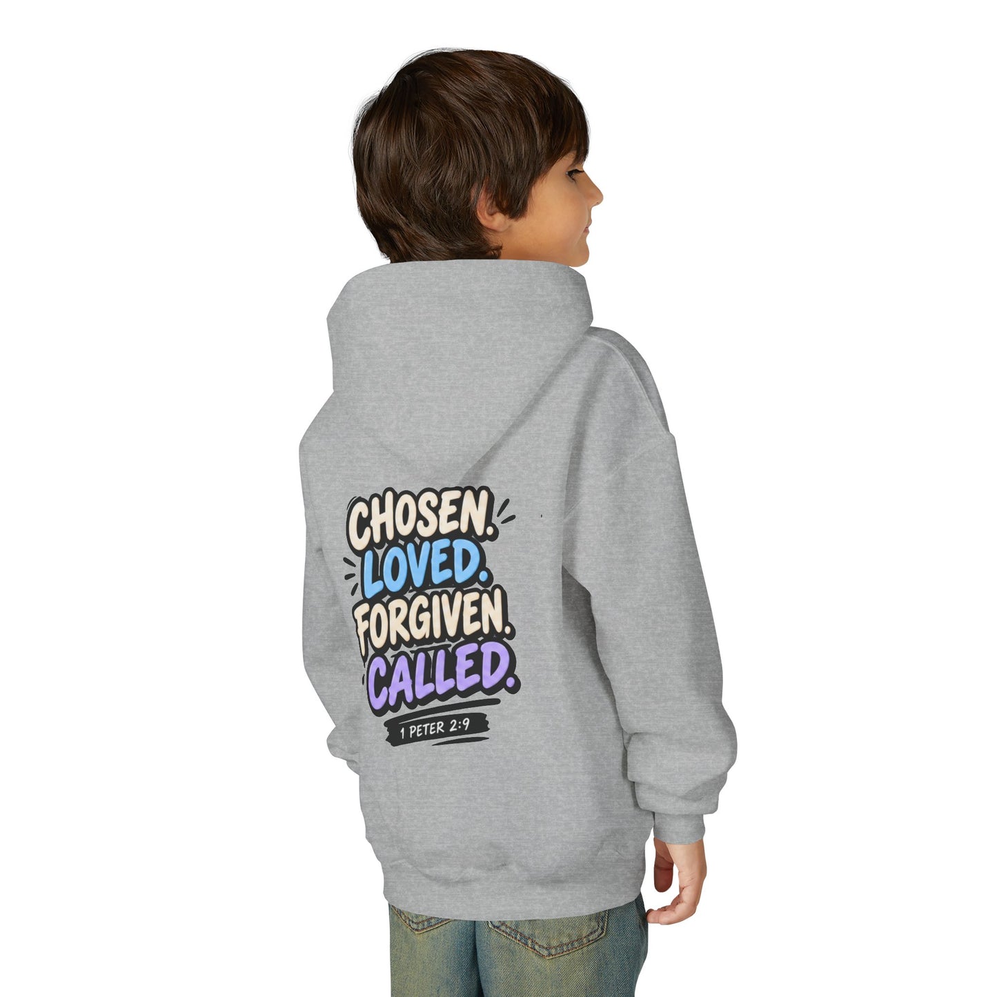 Youth Hoodie — "Chosen, Loved, Forgiven, Called" Christian Faith Pullover (Matthew 2:6)