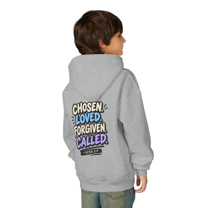 Youth Hoodie — "Chosen, Loved, Forgiven, Called" Christian Faith Pullover (Matthew 2:6)