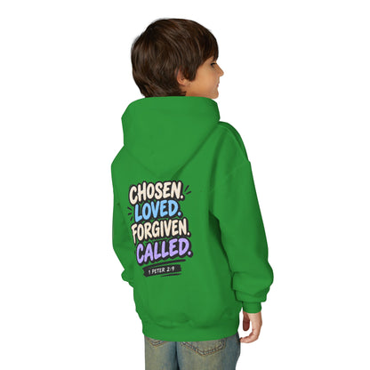 Youth Hoodie — "Chosen, Loved, Forgiven, Called" Christian Faith Pullover (Matthew 2:6)