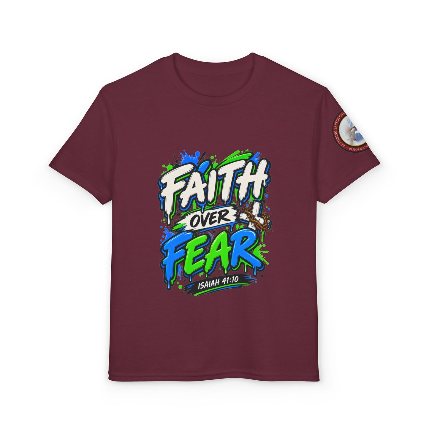 Faith Over Fear Youth T-Shirt — Christian Isaiah 41:10 Graphic Tee