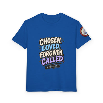 Chosen Loved Forgiven Called Youth T‑Shirt — 1 Peter 2:9 Inspirational Kids Tee