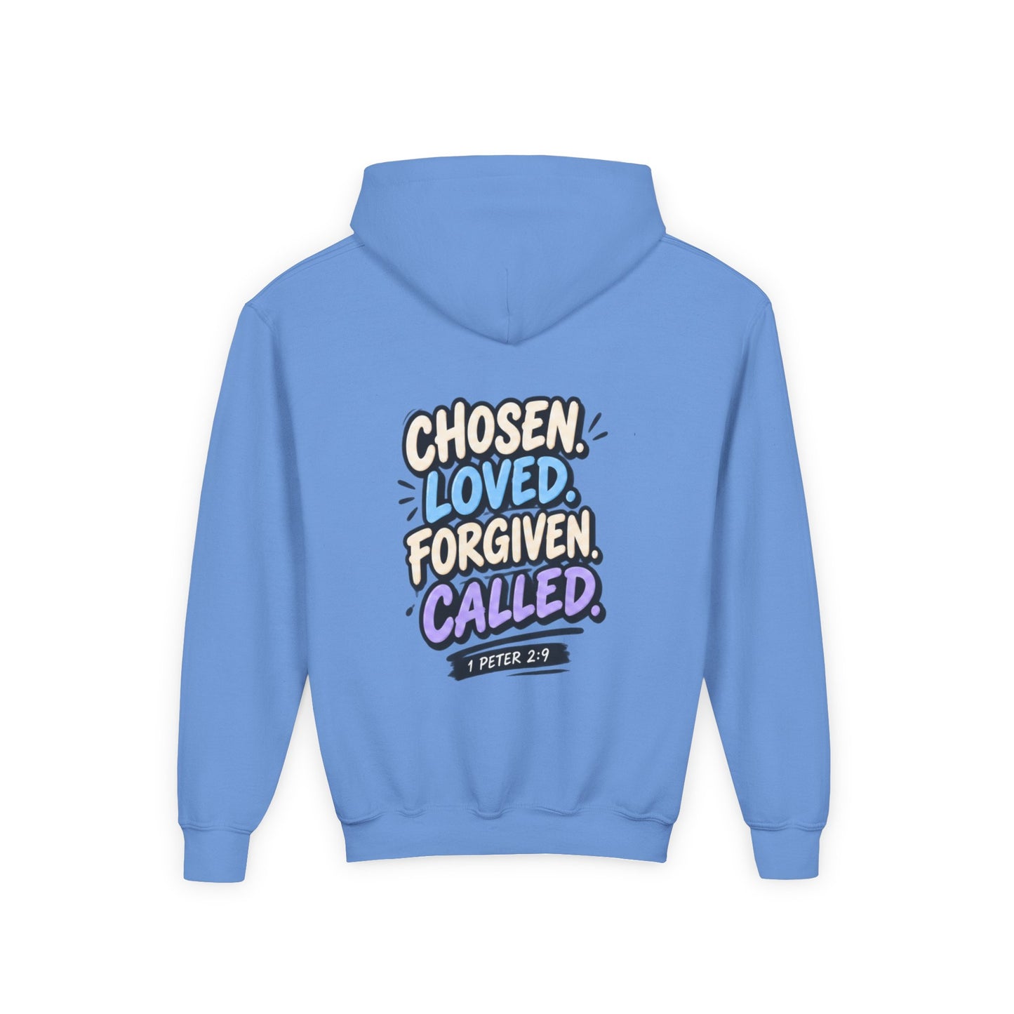Youth Hoodie — "Chosen, Loved, Forgiven, Called" Christian Faith Pullover (Matthew 2:6)