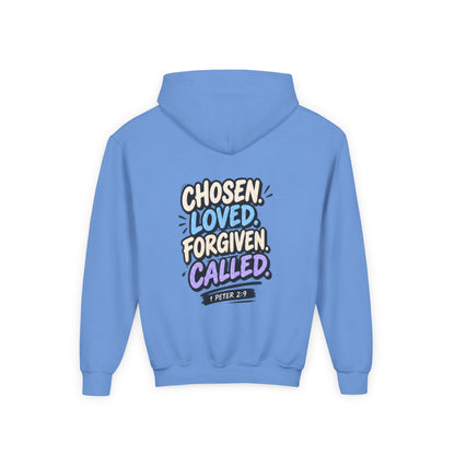 Youth Hoodie — "Chosen, Loved, Forgiven, Called" Christian Faith Pullover (Matthew 2:6)