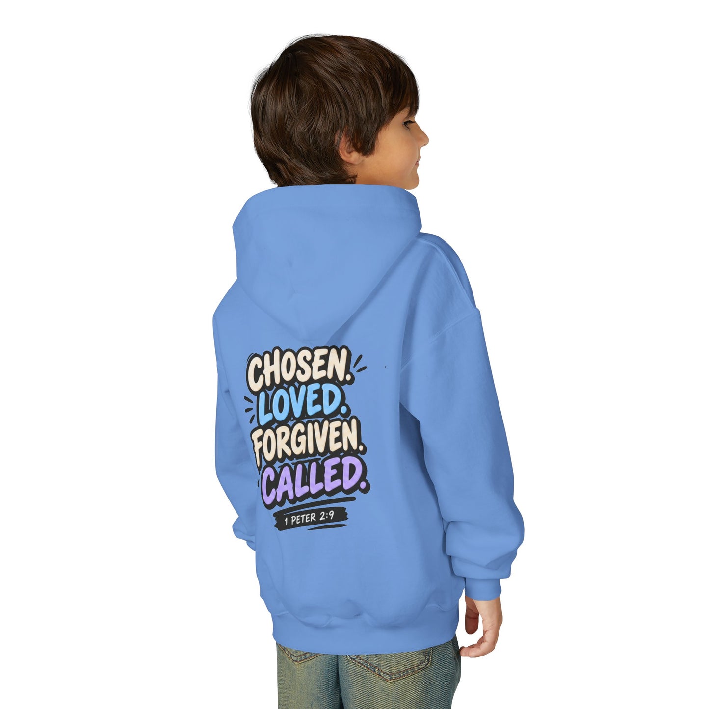 Youth Hoodie — "Chosen, Loved, Forgiven, Called" Christian Faith Pullover (Matthew 2:6)