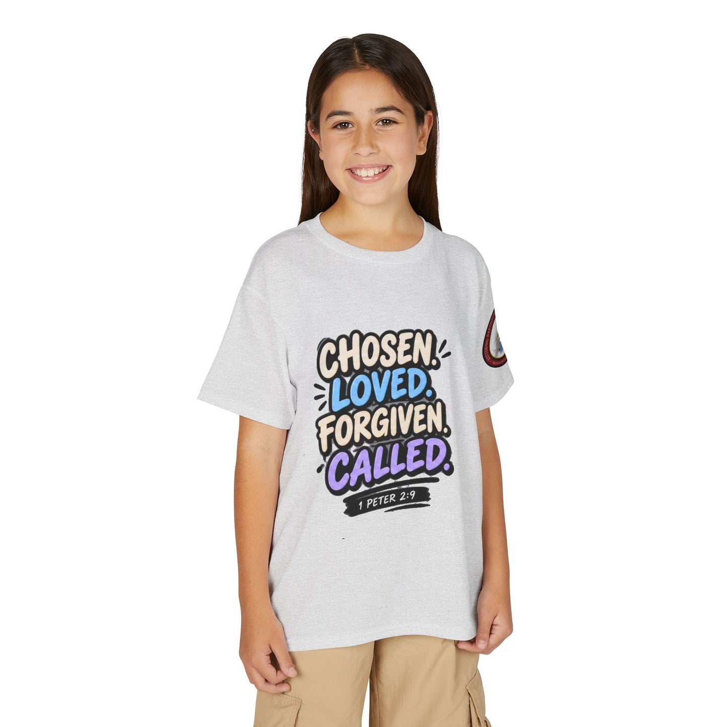Chosen Loved Forgiven Called Youth T‑Shirt — 1 Peter 2:9 Inspirational Kids Tee