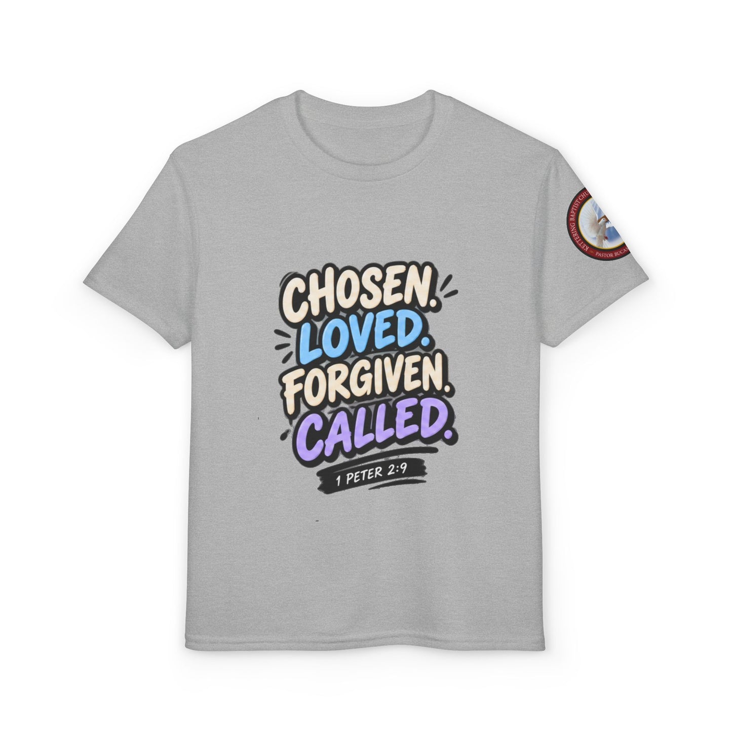 Chosen Loved Forgiven Called Youth T‑Shirt — 1 Peter 2:9 Inspirational Kids Tee