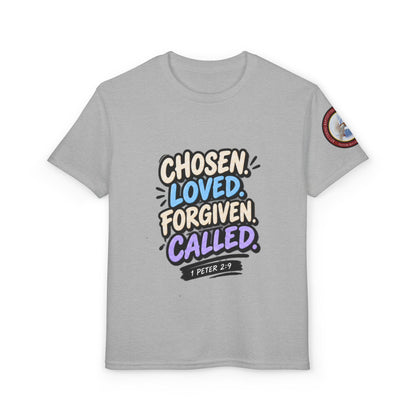 Chosen Loved Forgiven Called Youth T‑Shirt — 1 Peter 2:9 Inspirational Kids Tee