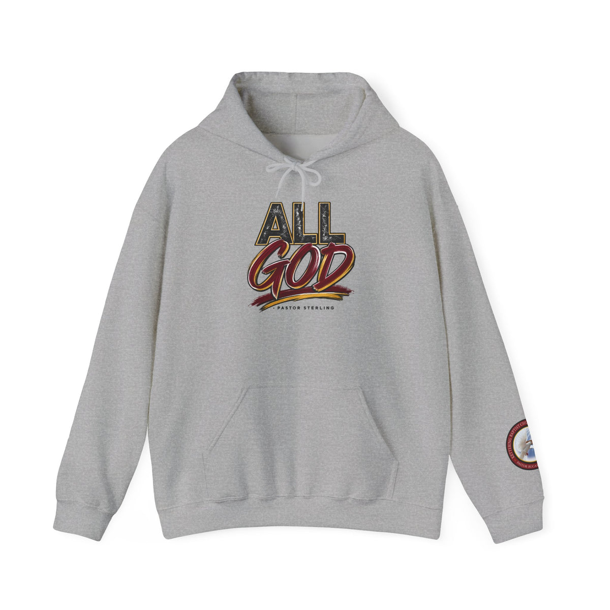 All God Hoodie — Christian Faith Graphic Pullover with Sleeve Emblem