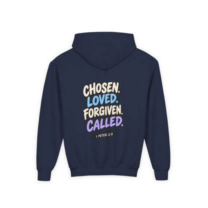 Youth Hoodie — "Chosen, Loved, Forgiven, Called" Christian Faith Pullover (Matthew 2:6)